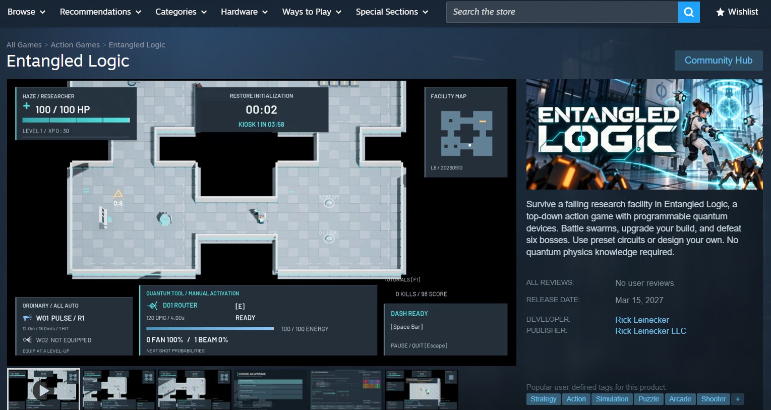 The Entangled Logic store page on Steam, showing a gameplay screenshot and the game's key art.